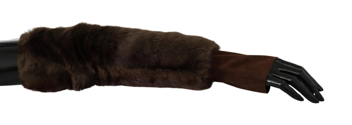 Brown Elbow Length Finger Less Fur Gloves-Dolce & Gabbana-LabelTerrace.com