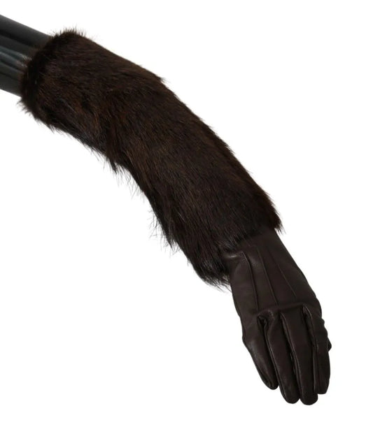Brown Elbow Length Mittens Leather Fur Gloves-Dolce & Gabbana-LabelTerrace.com
