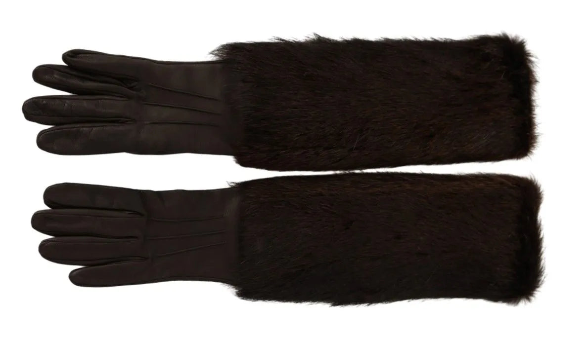 Brown Elbow Length Mittens Leather Fur Gloves-Dolce & Gabbana-LabelTerrace.com