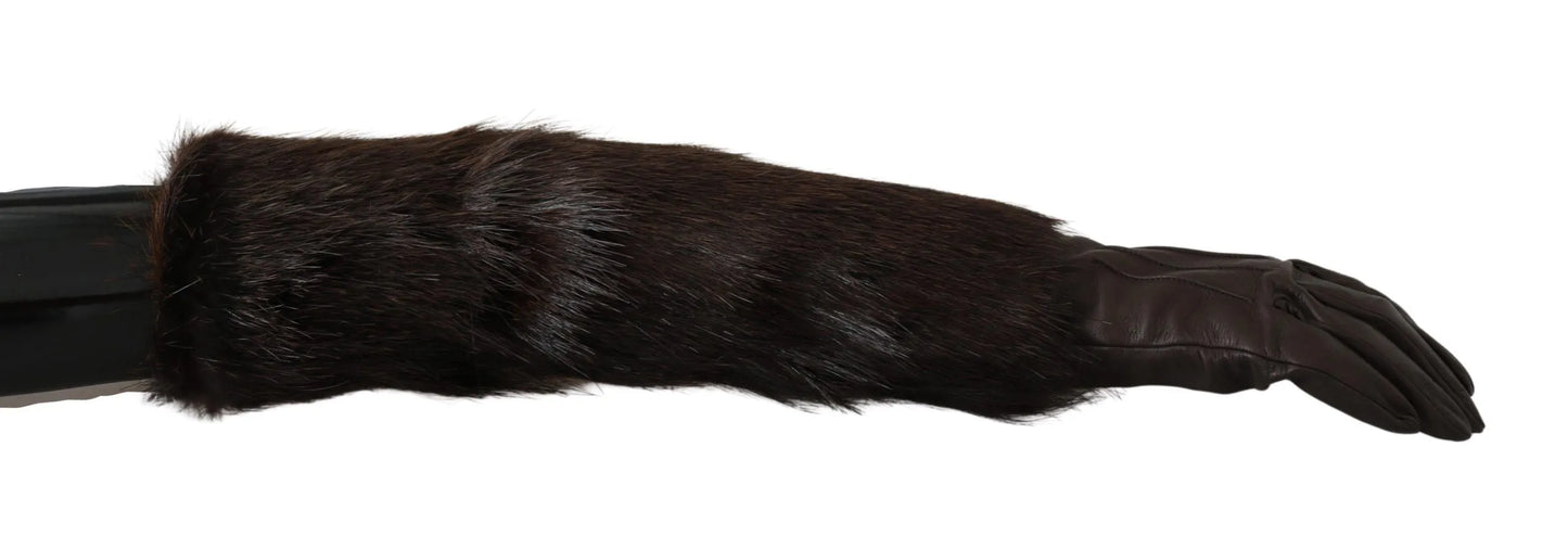 Brown Elbow Length Mittens Leather Fur Gloves-Dolce & Gabbana-LabelTerrace.com