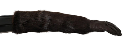 Brown Elbow Length Mittens Leather Fur Gloves-Dolce & Gabbana-LabelTerrace.com