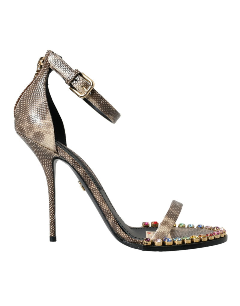 Brown Exotic Leather Crystal Sandals Shoes-Dolce & Gabbana-LabelTerrace.com