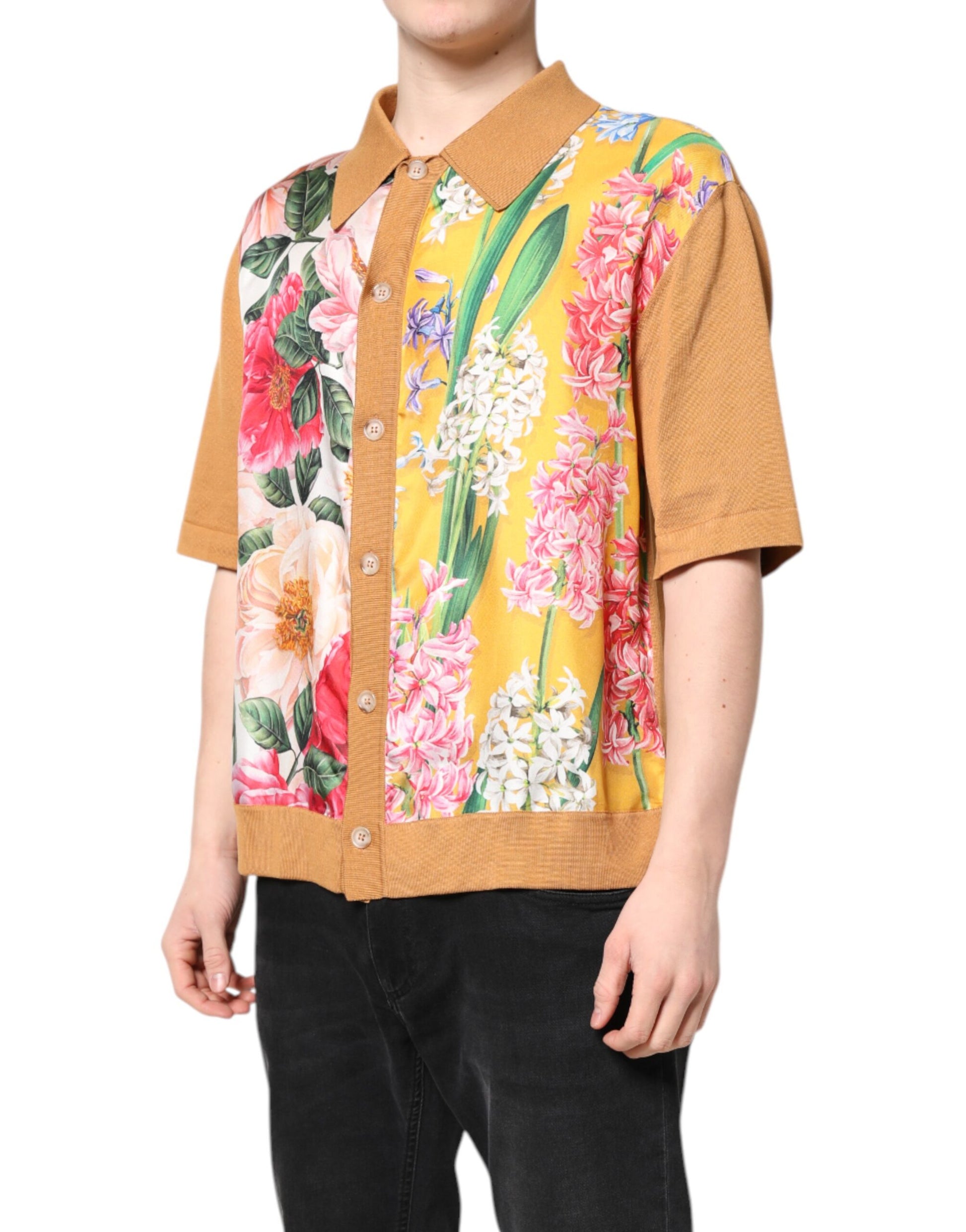 Brown Floral Collared Short Sleeve T-shirt-Dolce & Gabbana-LabelTerrace.com