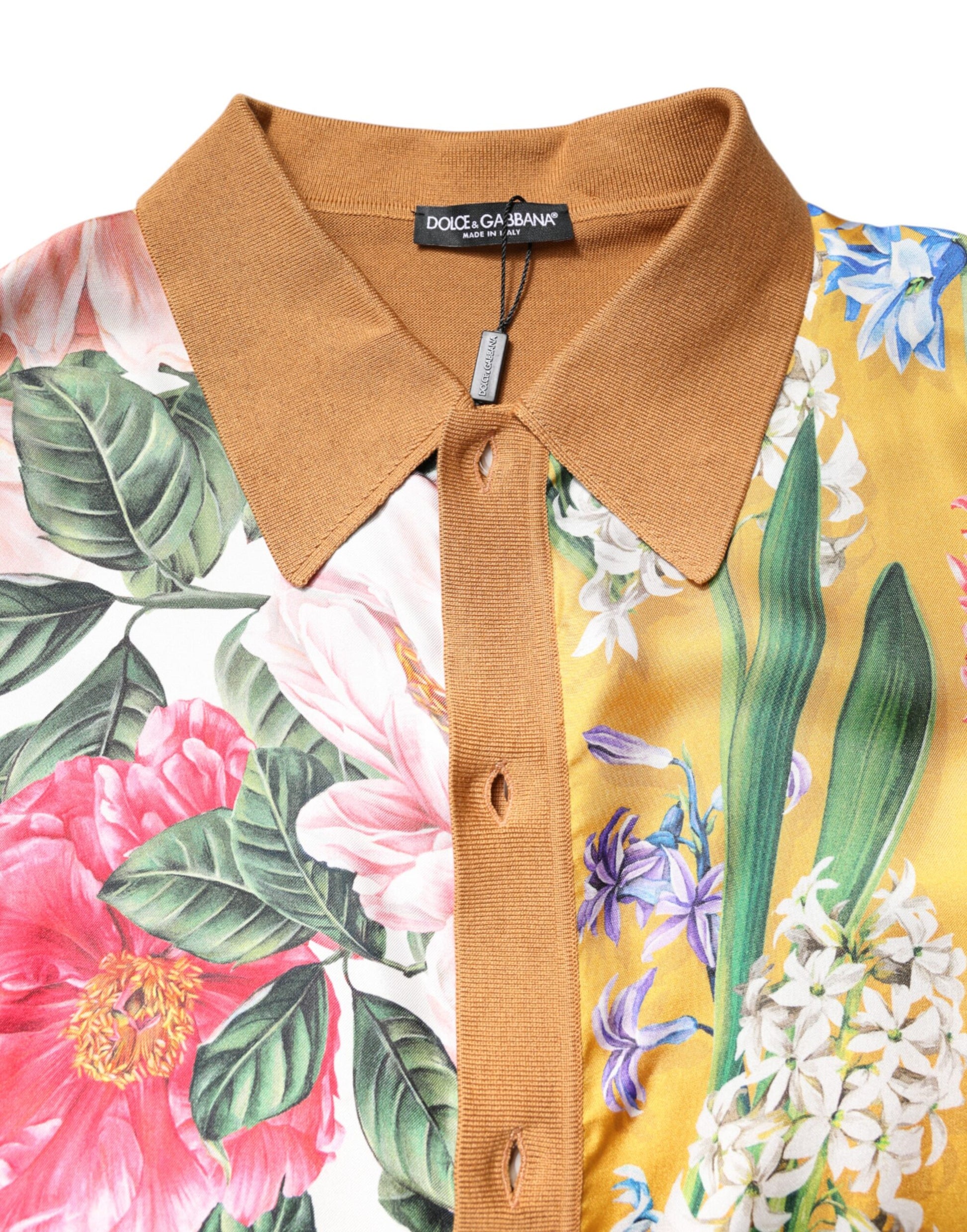 Brown Floral Collared Short Sleeve T-shirt-Dolce & Gabbana-LabelTerrace.com