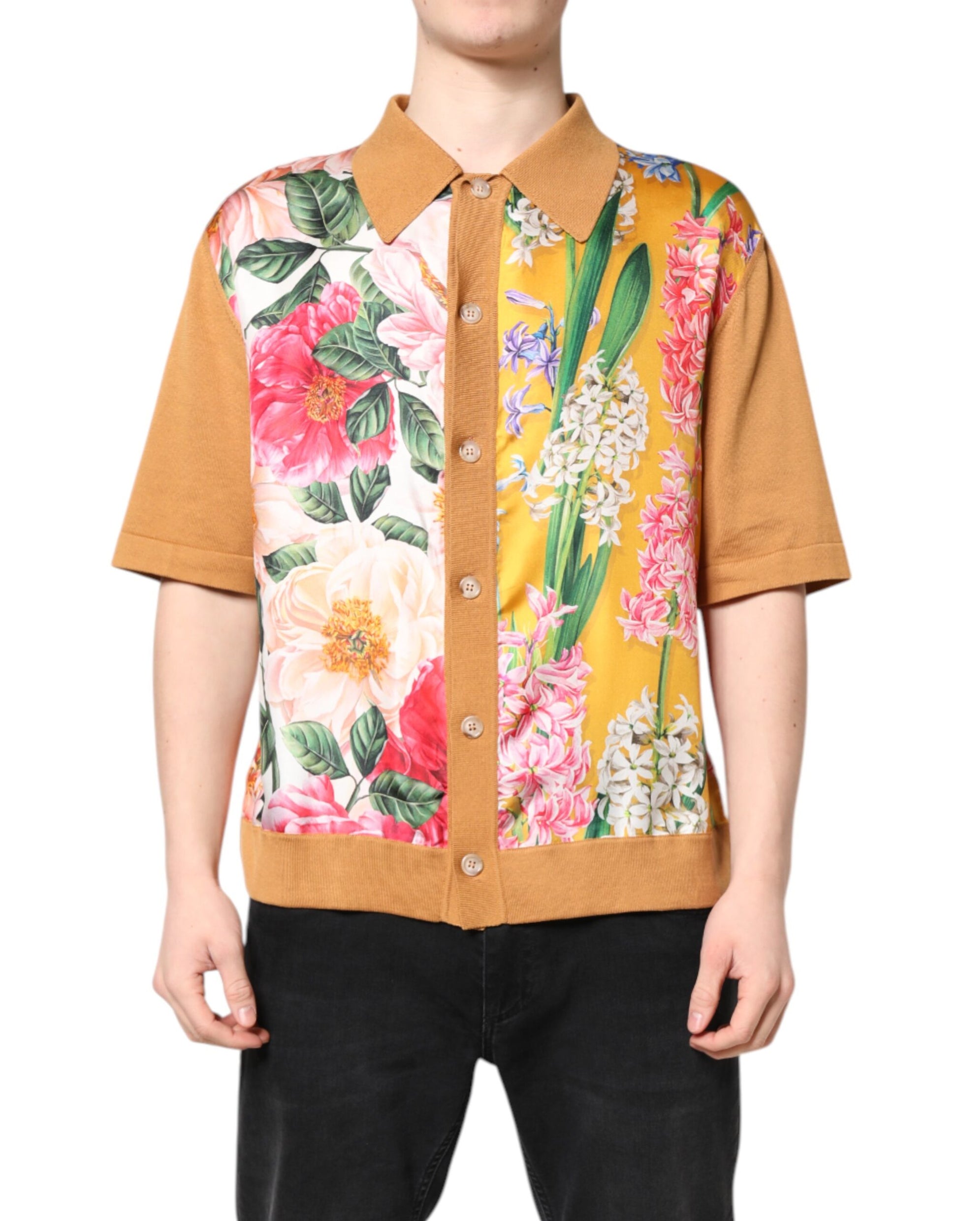 Brown Floral Collared Short Sleeve T-shirt-Dolce & Gabbana-LabelTerrace.com