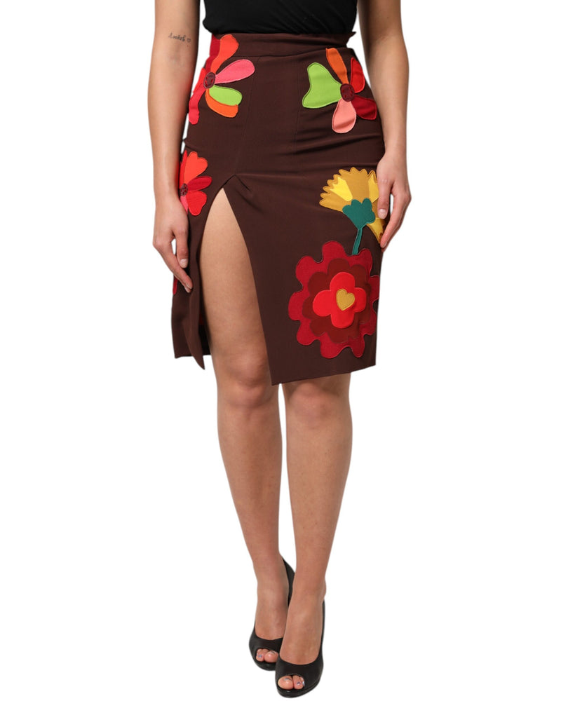 Brown Floral High Waist Side Slit Skirt-Dolce & Gabbana-LabelTerrace.com