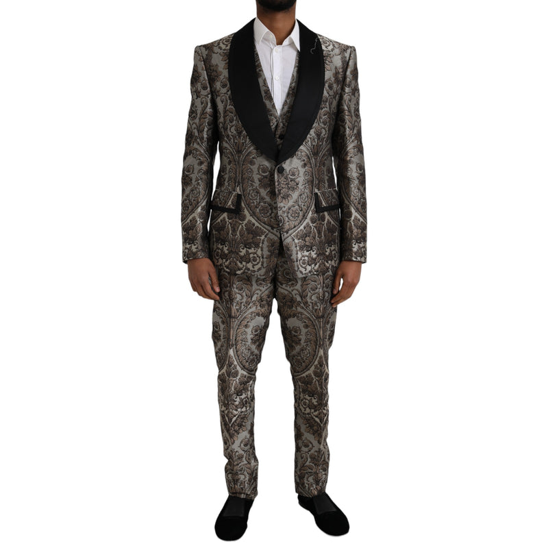 Brown Floral Jacquard Formal 3 Piece Suit-Dolce & Gabbana-LabelTerrace.com