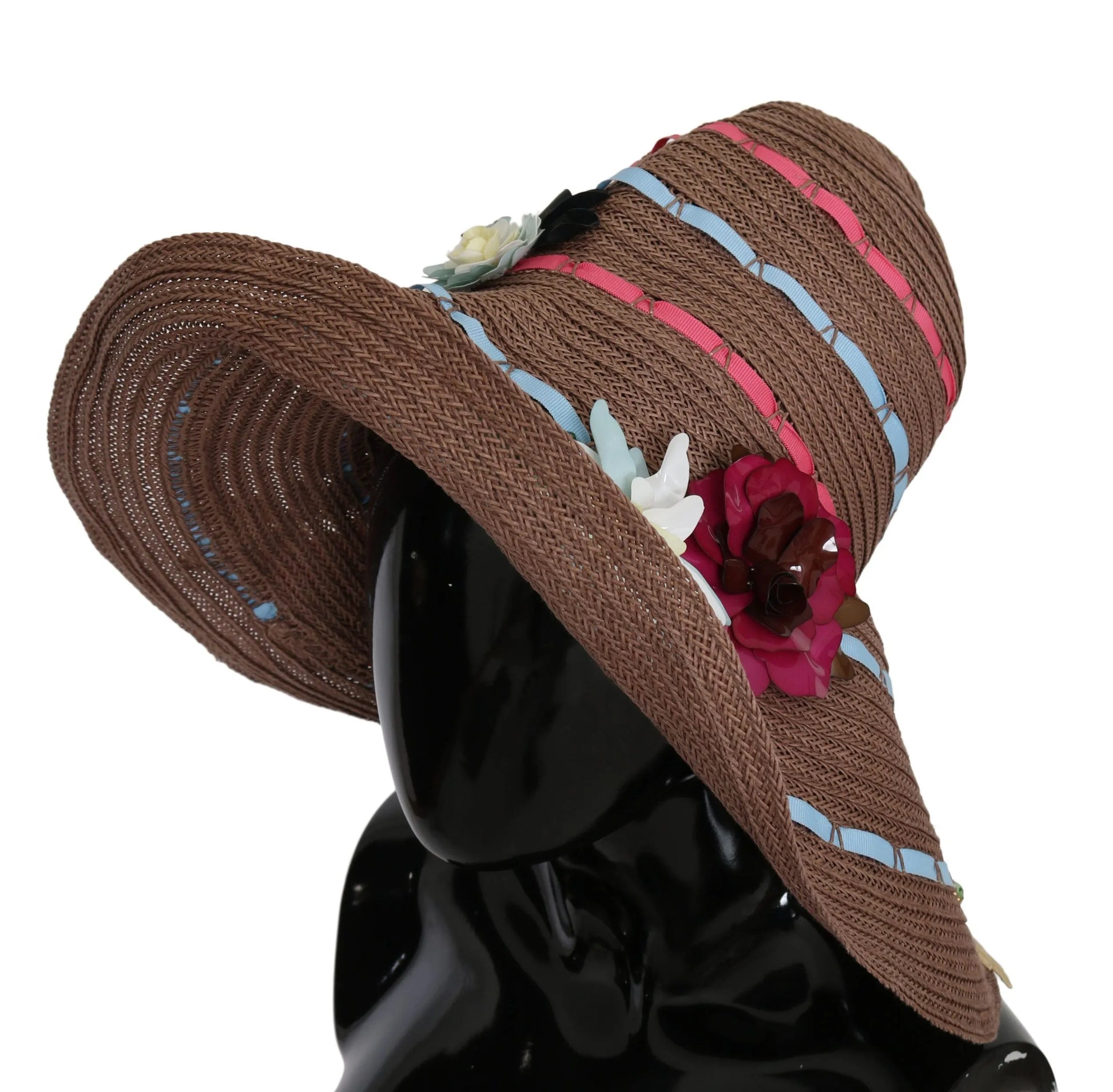 Brown Floral Wide Brim Straw Floppy Cap Hat-Dolce & Gabbana-LabelTerrace.com