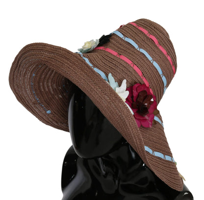 Brown Floral Wide Brim Straw Floppy Cap Hat-Dolce & Gabbana-LabelTerrace.com
