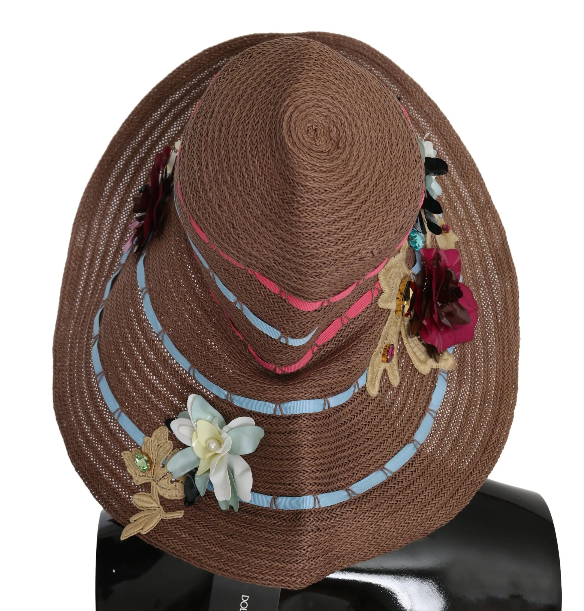 Brown Floral Wide Brim Straw Floppy Cap Hat-Dolce & Gabbana-LabelTerrace.com