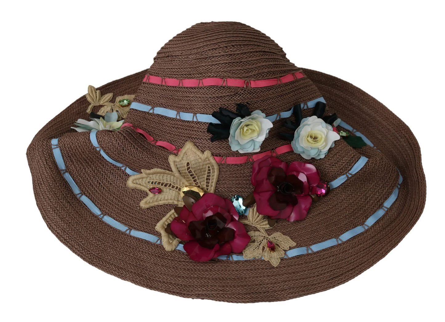 Brown Floral Wide Brim Straw Floppy Cap Hat-Dolce & Gabbana-LabelTerrace.com