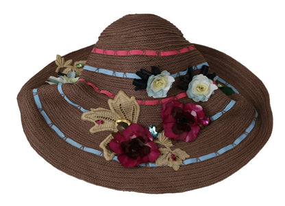 Brown Floral Wide Brim Straw Floppy Cap Hat-Dolce & Gabbana-LabelTerrace.com