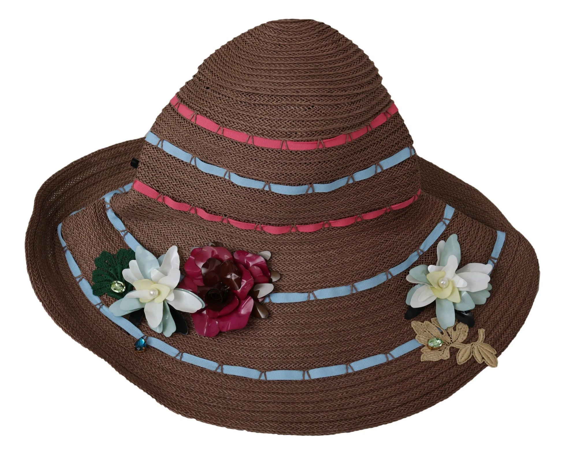 Brown Floral Wide Brim Straw Floppy Cap Hat-Dolce & Gabbana-LabelTerrace.com
