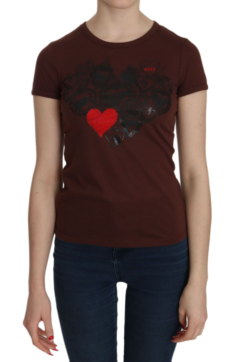 Brown Heart Print Crew Neck T-shirt Short Sleeve Blouse-Exte-LabelTerrace.com