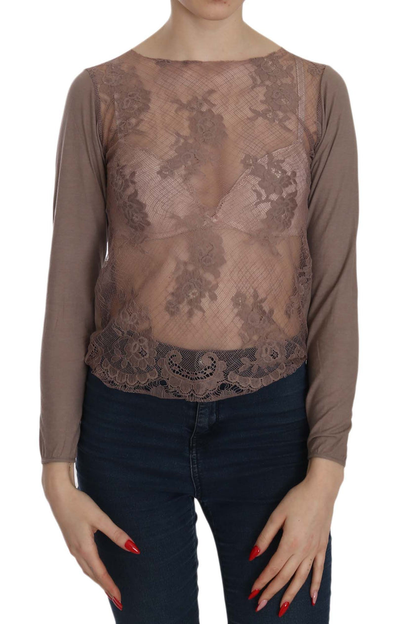 Brown Lace See Through Long Sleeve Top-PINK MEMORIES-LabelTerrace.com
