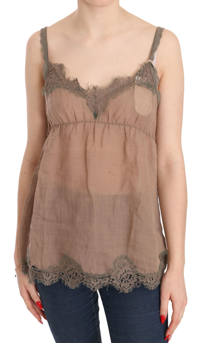Brown Lace Spaghetti Strap Plunging Top Blouse-PINK MEMORIES-LabelTerrace.com