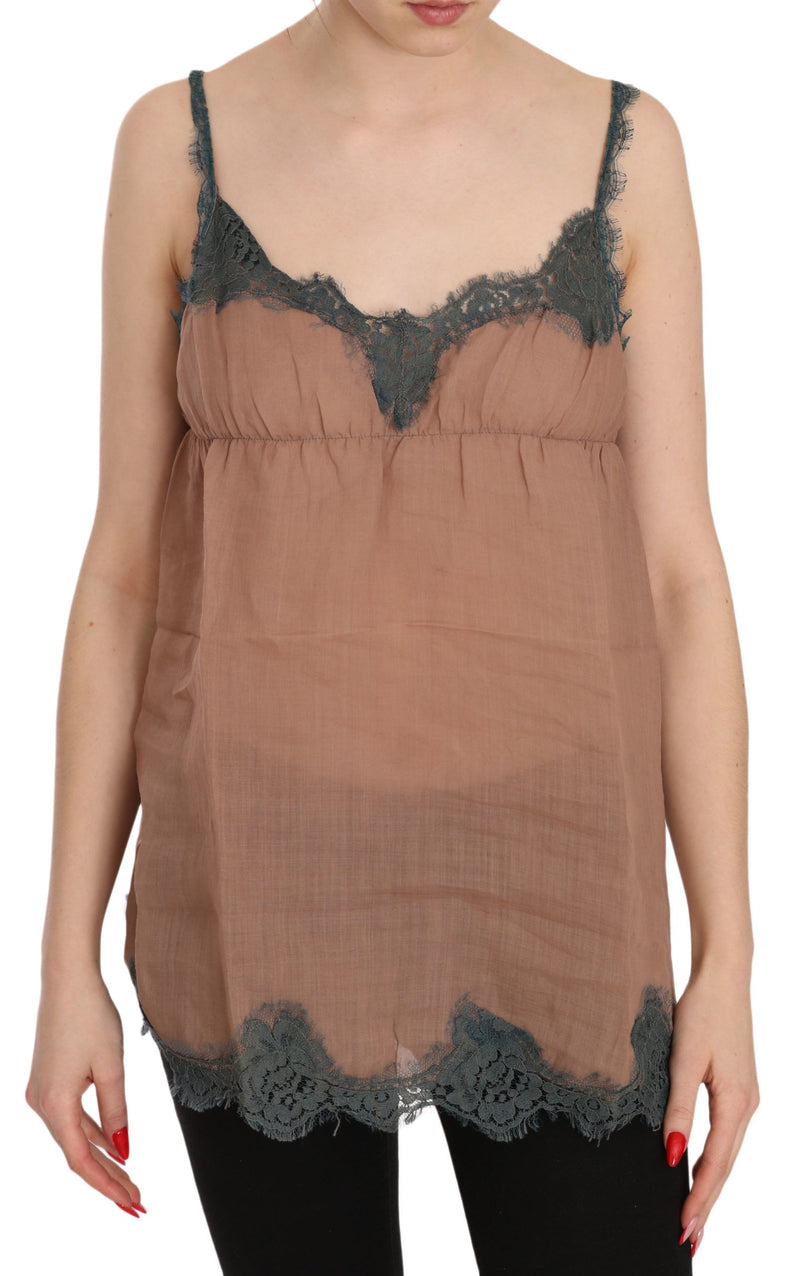 Brown Lace Spaghetti Strap Tank Top Blouse-PINK MEMORIES-LabelTerrace.com