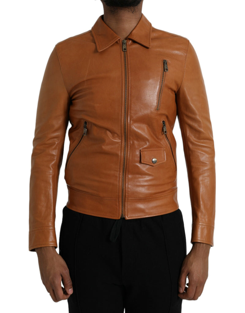 Brown Lamb Leather Full Zip Blouson Jacket-Dolce & Gabbana-LabelTerrace.com