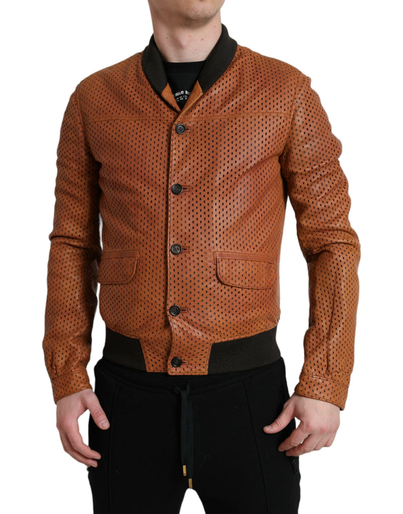 Brown Lambskin Leather Perforated Jacket-Dolce & Gabbana-LabelTerrace.com