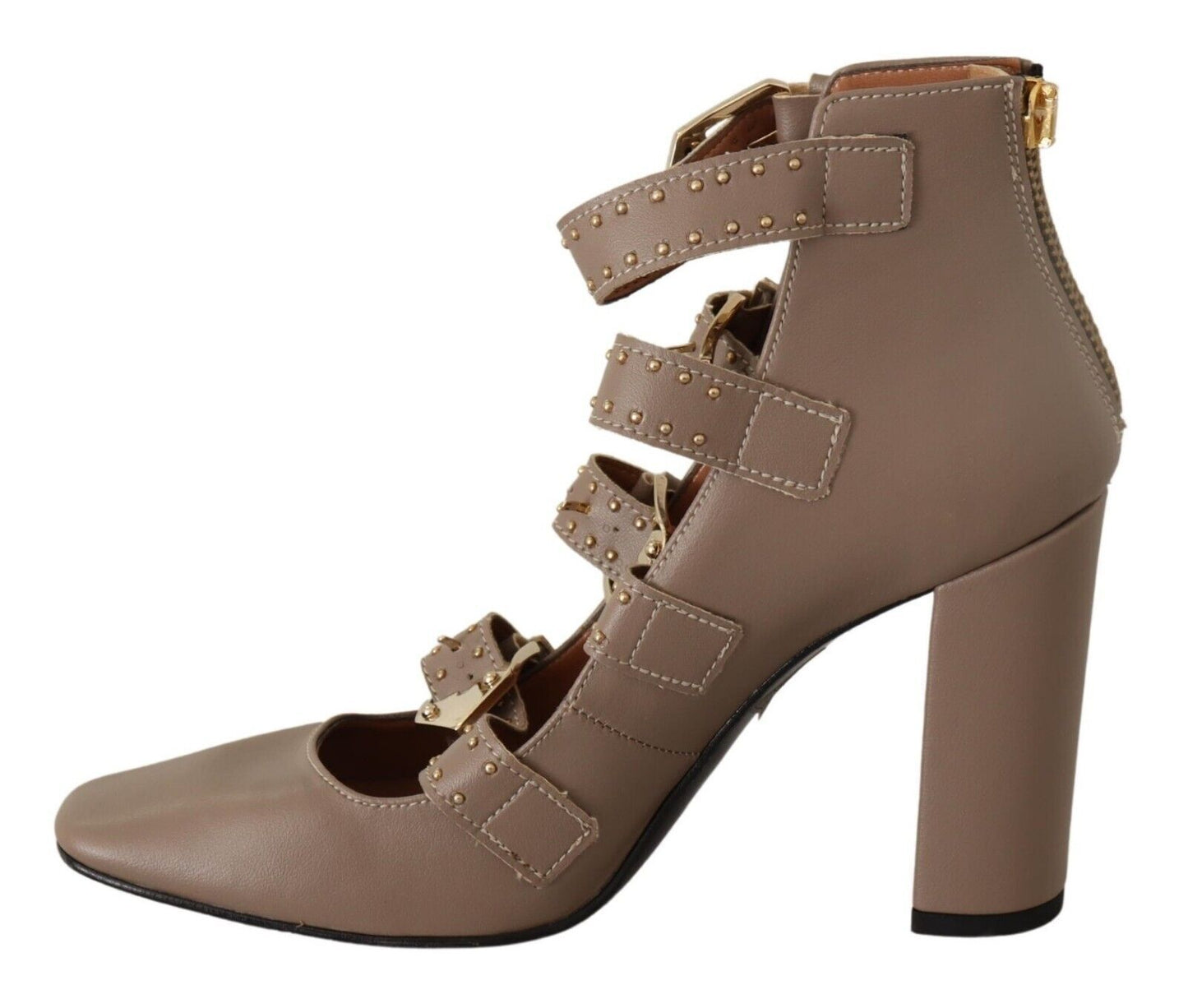 Brown Leather Block Heels Multi Buckle Pumps Shoes-MY TWIN-LabelTerrace.com