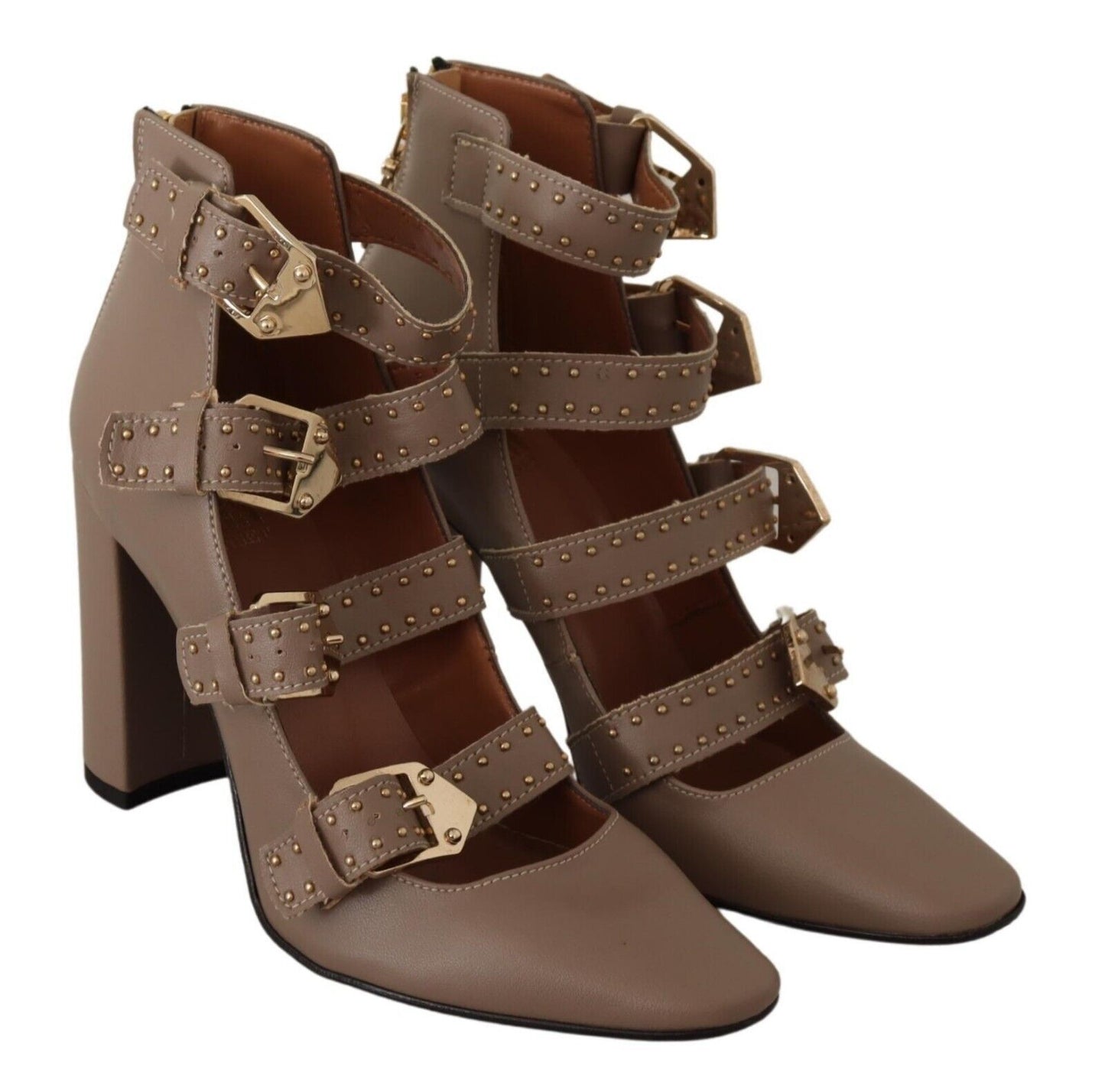 Brown Leather Block Heels Multi Buckle Pumps Shoes-MY TWIN-LabelTerrace.com