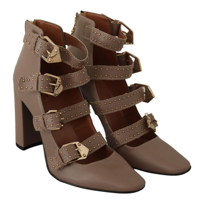 Brown Leather Block Heels Multi Buckle Pumps Shoes-MY TWIN-LabelTerrace.com
