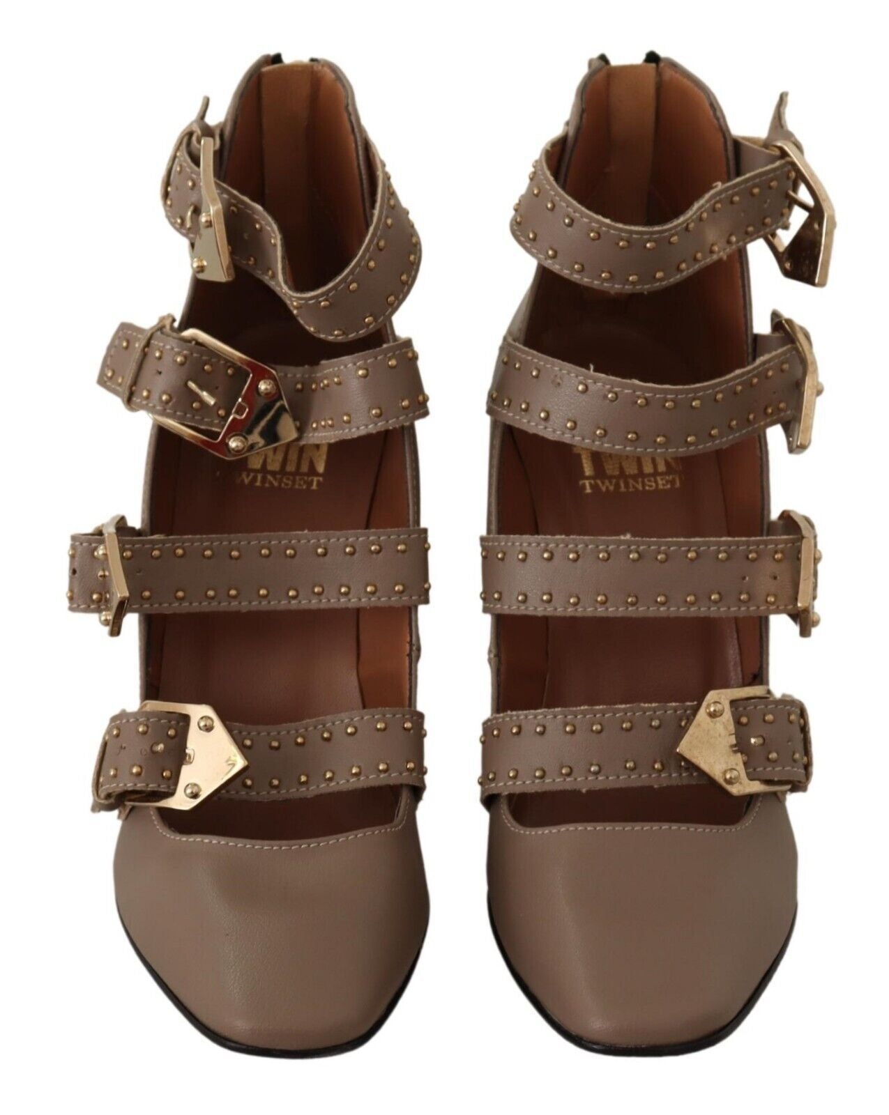 Brown Leather Block Heels Multi Buckle Pumps Shoes-MY TWIN-LabelTerrace.com