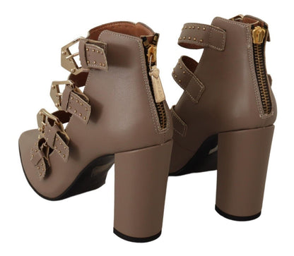 Brown Leather Block Heels Multi Buckle Pumps Shoes-MY TWIN-LabelTerrace.com