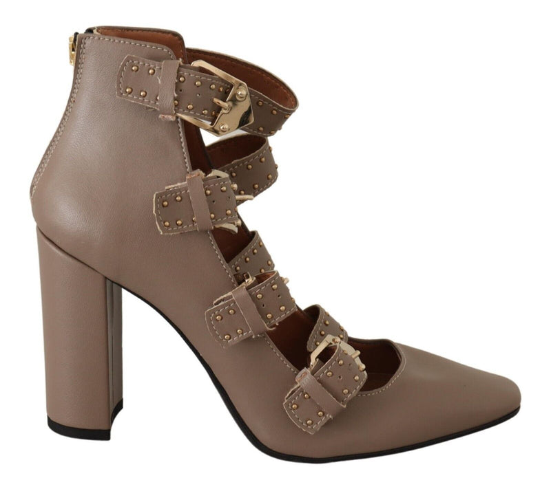 Brown Leather Block Heels Multi Buckle Pumps Shoes-MY TWIN-LabelTerrace.com