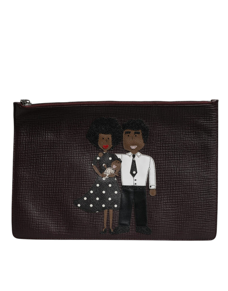Brown Leather #DGFAMILY Embellished Men Clutch Pouch Bag-Dolce & Gabbana-LabelTerrace.com