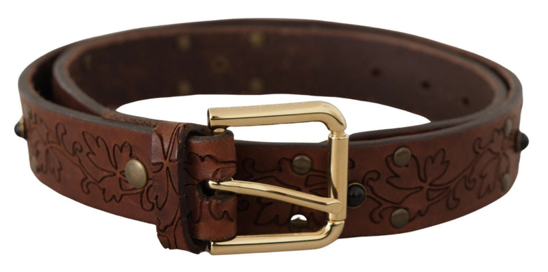 Brown Leather Floral Studded Metal Buckle Belt-Dolce & Gabbana-LabelTerrace.com