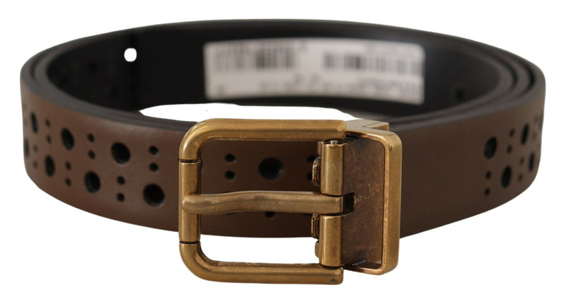 Brown Leather Perforated Crown Belt-Dolce & Gabbana-LabelTerrace.com
