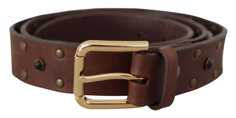 Brown Leather Studded Gold Tone Metal Buckle Belt-Dolce & Gabbana-LabelTerrace.com