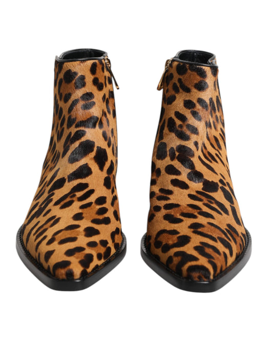 Brown Leopard Calf Fur Ankle Boots Shoes-Dolce & Gabbana-LabelTerrace.com