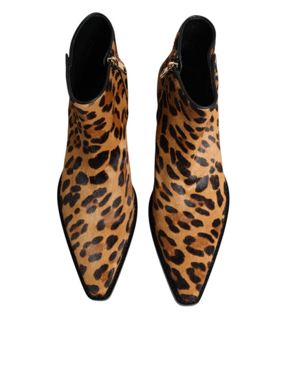 Brown Leopard Calf Fur Ankle Boots Shoes-Dolce & Gabbana-LabelTerrace.com