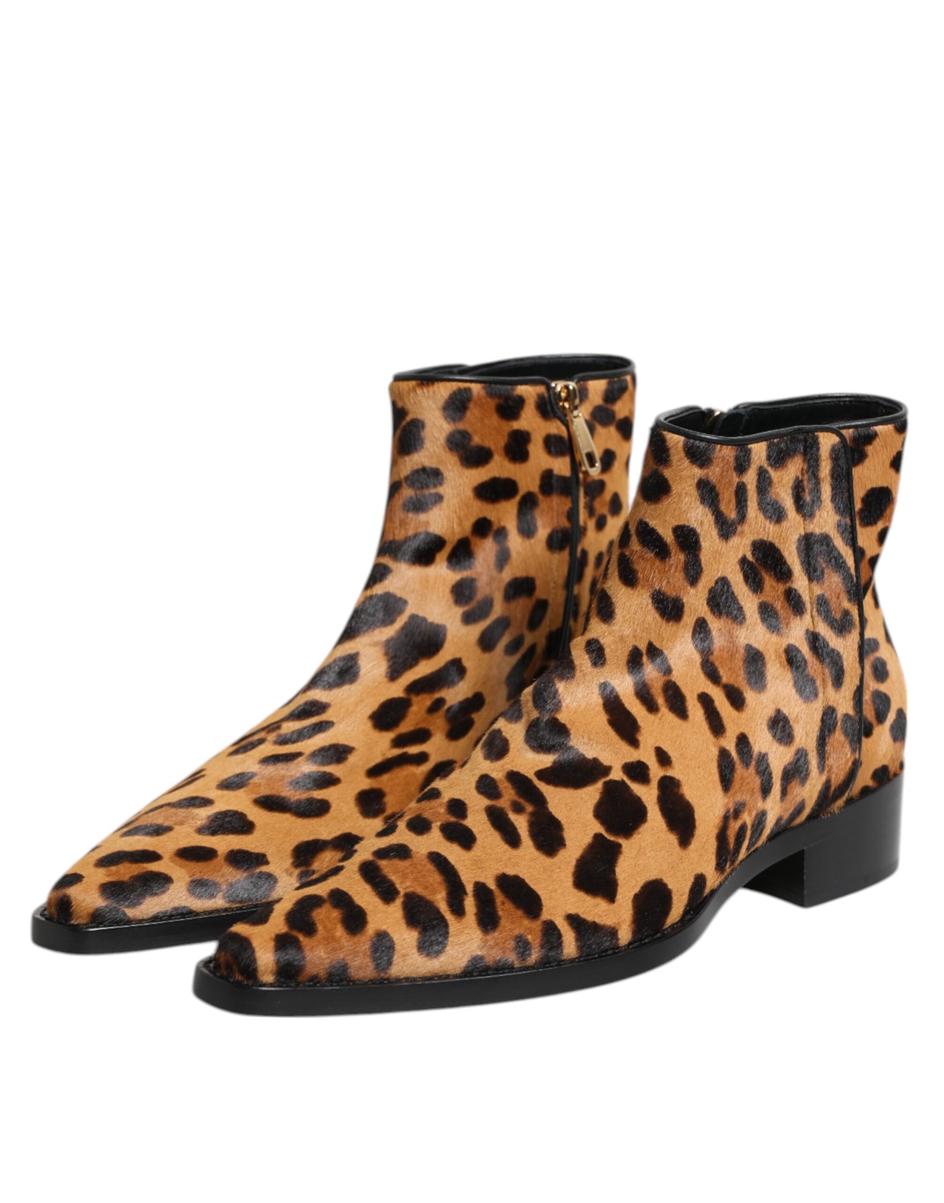 Brown Leopard Calf Fur Ankle Boots Shoes-Dolce & Gabbana-LabelTerrace.com