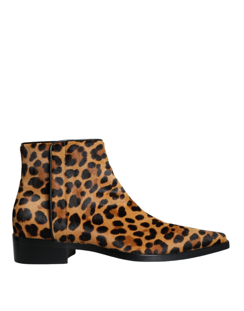 Brown Leopard Calf Fur Ankle Boots Shoes-Dolce & Gabbana-LabelTerrace.com