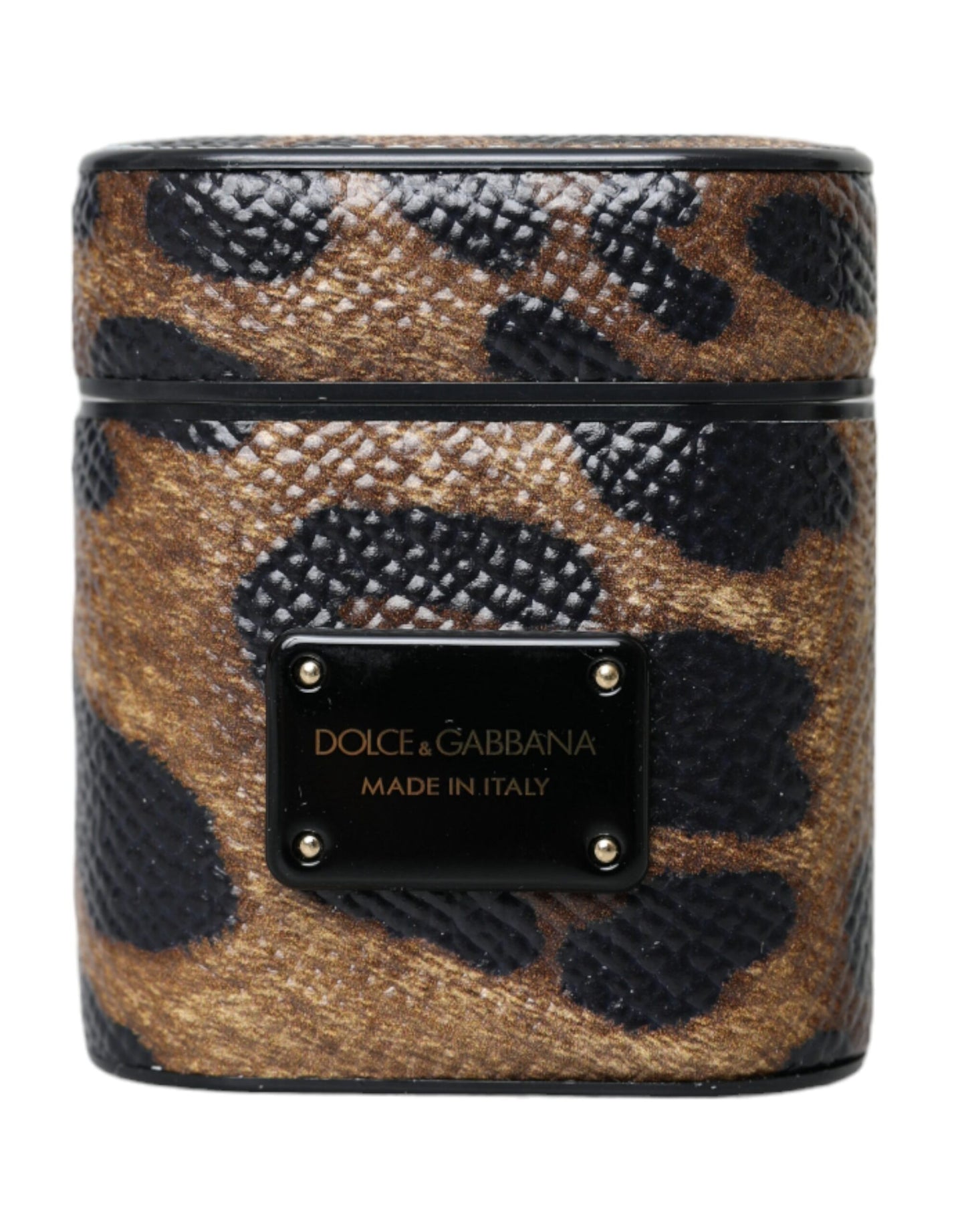 Brown Leopard Calf Leather Metal Logo Plaque Airpods Case-Dolce & Gabbana-LabelTerrace.com