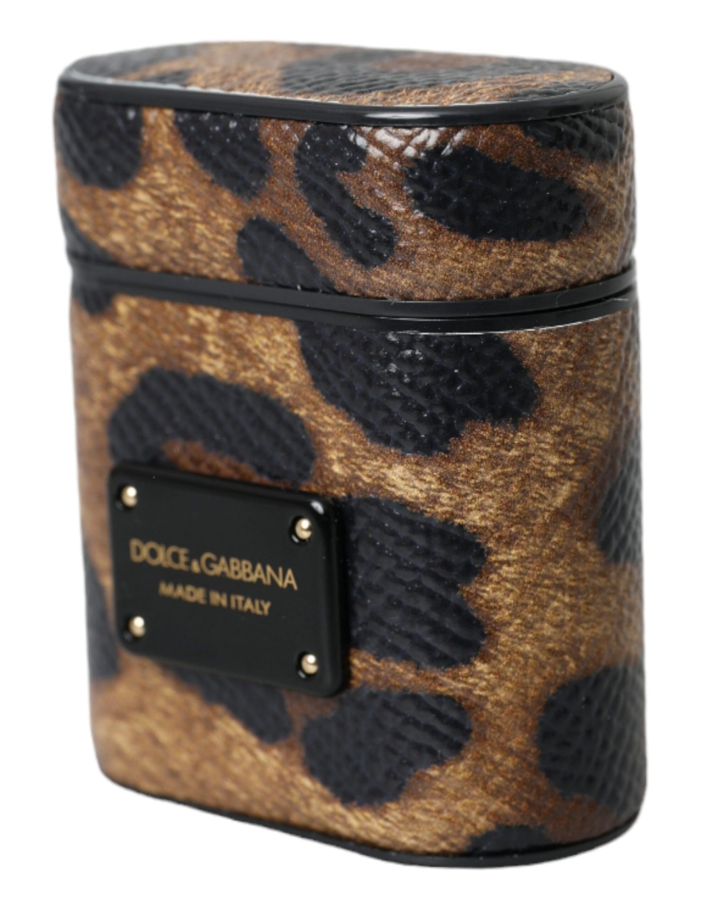 Brown Leopard Calf Leather Metal Logo Plaque Airpods Case-Dolce & Gabbana-LabelTerrace.com