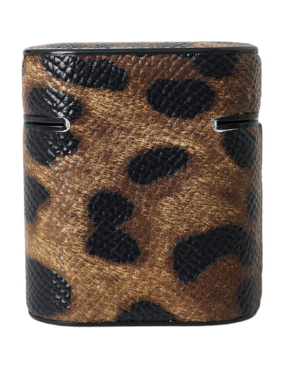 Brown Leopard Calf Leather Metal Logo Plaque Airpods Case-Dolce & Gabbana-LabelTerrace.com