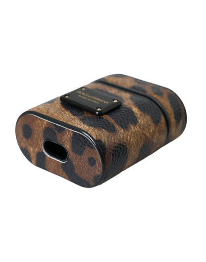 Brown Leopard Calf Leather Metal Logo Plaque Airpods Case-Dolce & Gabbana-LabelTerrace.com