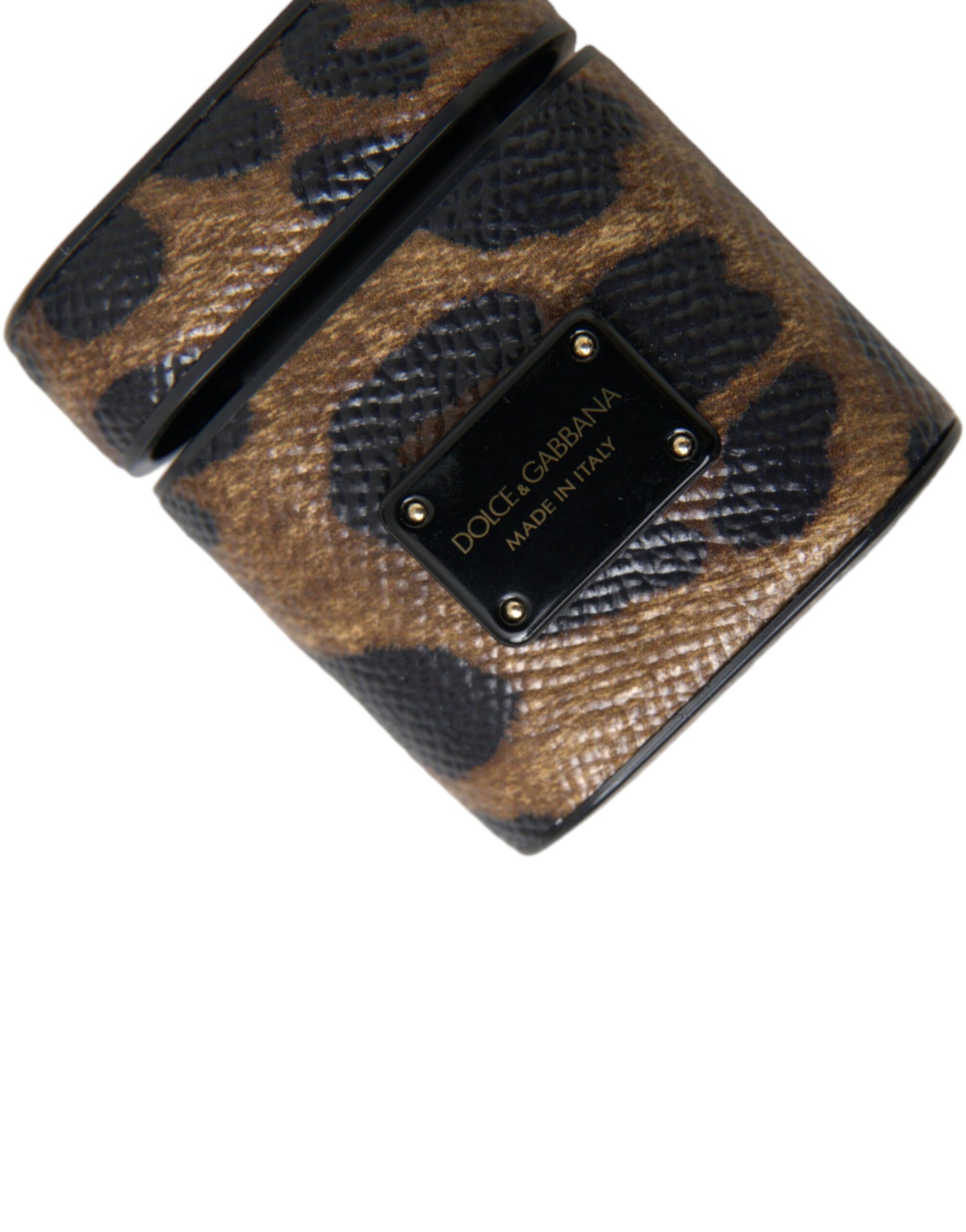 Brown Leopard Calf Leather Metal Logo Plaque Airpods Case-Dolce & Gabbana-LabelTerrace.com