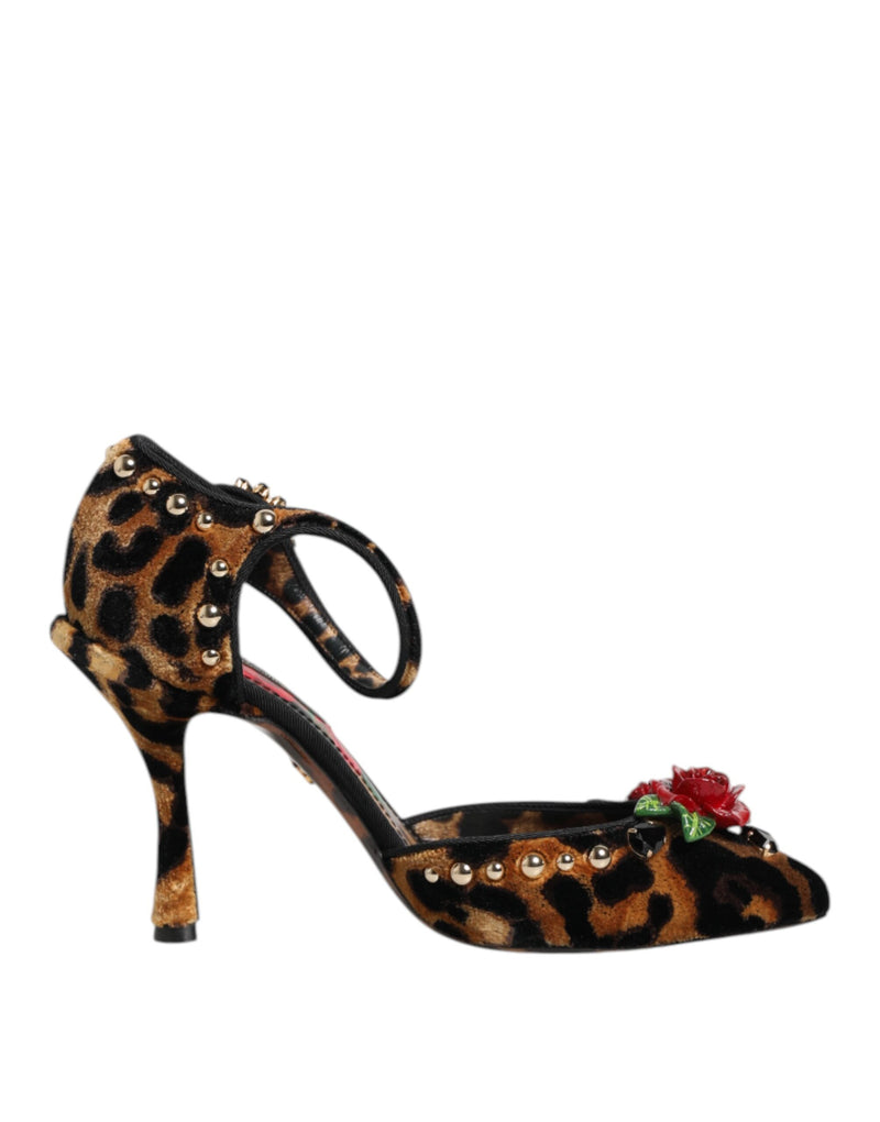 Brown Leopard Crystal Roses Pumps Shoes-Dolce & Gabbana-LabelTerrace.com