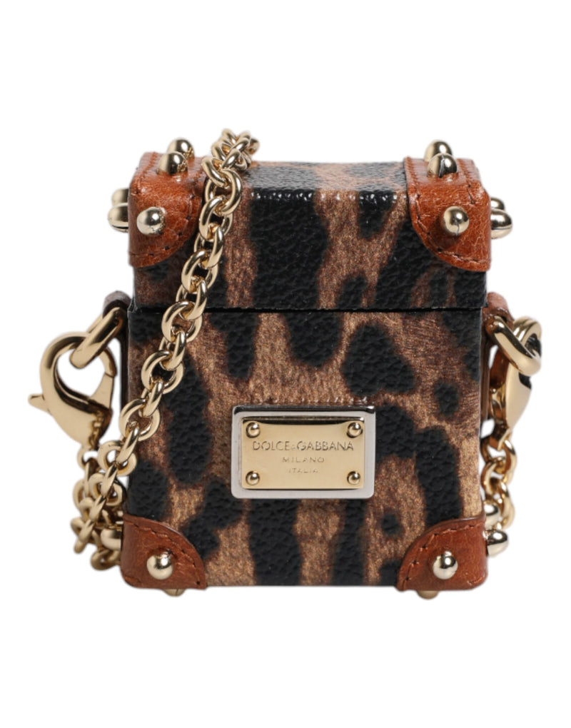 Brown Leopard Metal Logo Plaque Gold Chain Airpods Case-Dolce & Gabbana-LabelTerrace.com