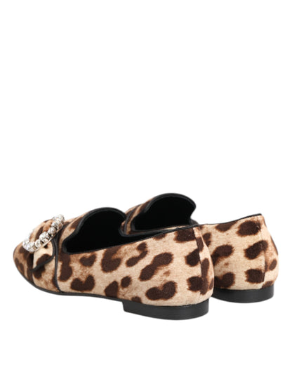 Brown Leopard Print Crystals Loafers Flats Shoes-Dolce & Gabbana-LabelTerrace.com