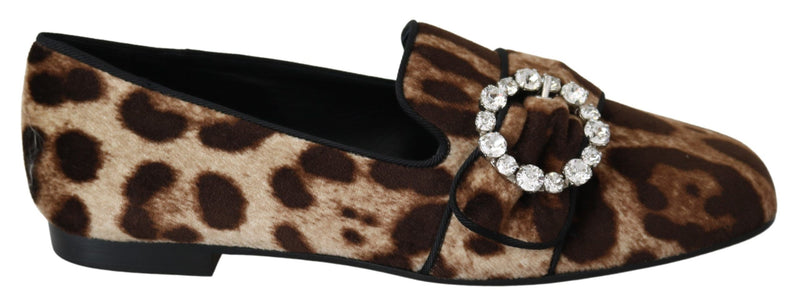 Brown Leopard Print Crystals Loafers Flats Shoes-Dolce & Gabbana-LabelTerrace.com