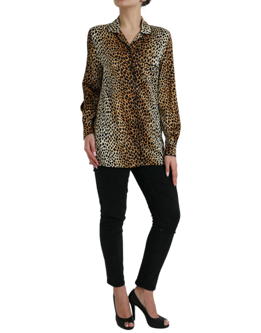 Brown Leopard Print Long Sleeves Blouse Top-Dolce & Gabbana-LabelTerrace.com