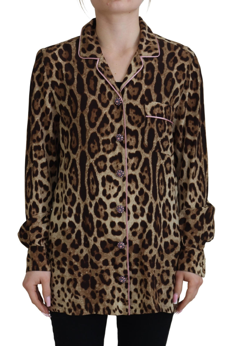 Brown Leopard Print Long Sleeves Blouse Top-Dolce & Gabbana-LabelTerrace.com