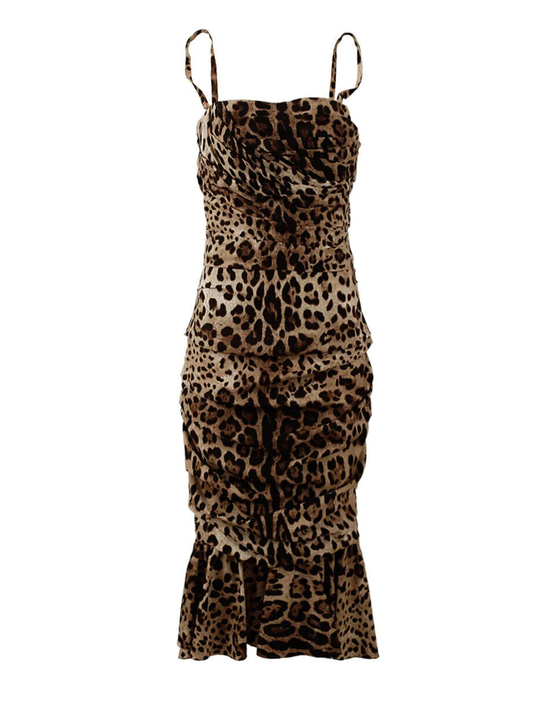 Brown Leopard Print Ruched Midi Dress-Dolce & Gabbana-LabelTerrace.com