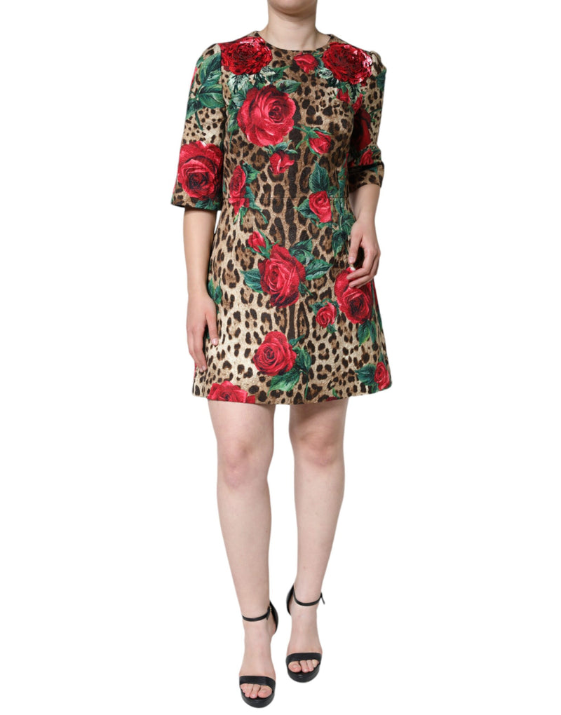 Brown Leopard Red Roses Cotton A-line Dress-Dolce & Gabbana-LabelTerrace.com